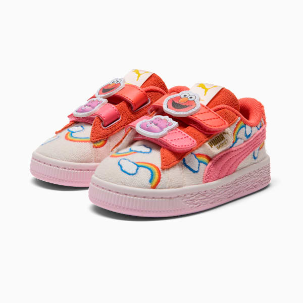 PUMA x CARE BEARS x SESAME STREET Basket Toddlers' "Elmo Cheer" Easy On Sneakers, Frosted Ivory-Red Glamour-Pearl Pink, extralarge